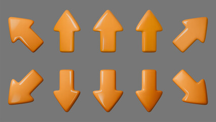 Orange glossy arrows set vector illustration, featuring upward and downward designs. Perfect for navigation, direction, and infographic purposes. Trendy 3D style,