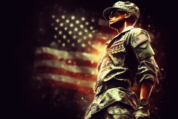 Fototapeta premium a soldier in uniform with the American flag in the background