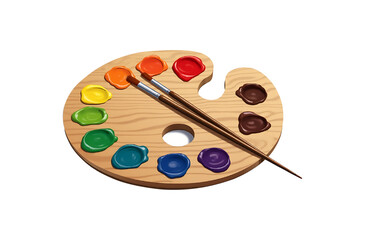 Wooden Artist Palette with Colorful Paint Samples Isolated on Transparent Background