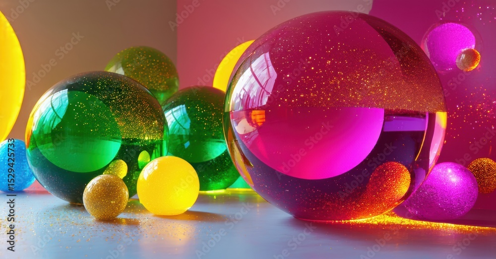 Poster colorful spheres rest upon surface. glitter particles float, creating vibrant, glossy reflections. b