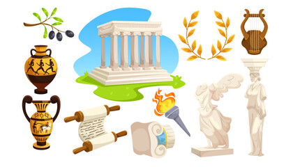 Set of ancient Greek cultural elements with statues, temple, vases, and scrolls on white background. Concept of classical civilization. Vector illustration