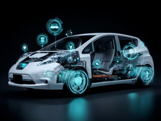 A clean white vehicle with integrated artificial intelligence and floating icons showcasing technology