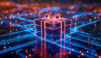 Futuristic glowing digital gift box on a neon circuit grid background