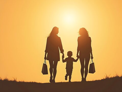Family Walking Together Silhouette of Two Women and Child Holding Hands with Shopping Bags