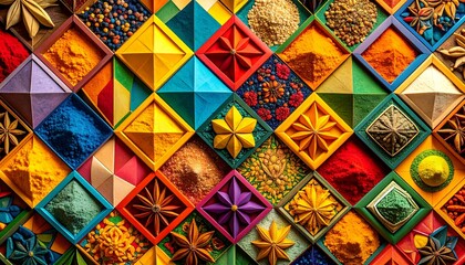 Vibrant Colorful Spices and Herbs Arranged in Geometric Pattern