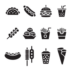 A collection of nine simple, black silhouette icons depicting various cooking stages and utensils vector art on white