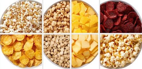 Assorted snacks in white bowls