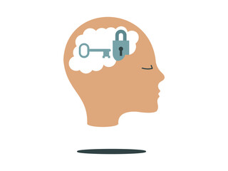 Locked Brain Concept – Silhouette Head with Key and Padlock in Cloud, Flat Vector Illustration for Security, Privacy, and Psychology