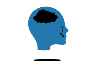 Sad human head silhouette with cloud brain and tears, mental health concept, flat vector illustration