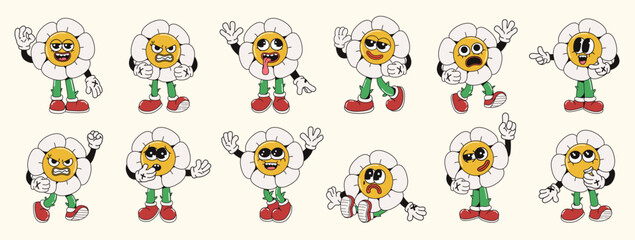 Set of cartoon flower characters showing different facial expressions and poses, drawn in retro style on light background. Concept of emotion. Vector illustration