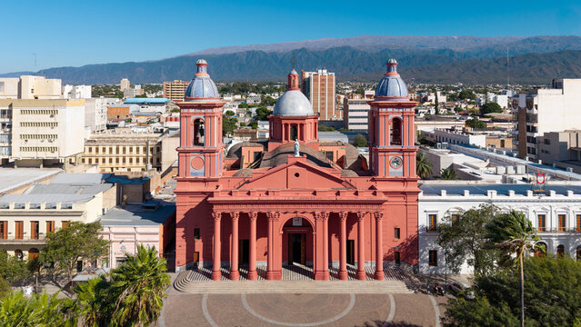 Aerial view of the Cathedral Basilica of "Our Lady of the Valley" in Catamarca, Argentina.