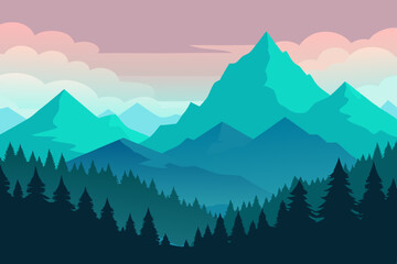 Tranquil teal mountain range and forest landscape