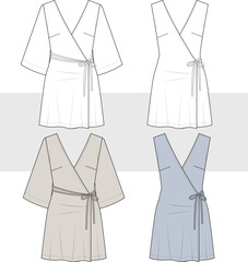 Women's Kimono Dress set technical fashion illustration, vector. Front view, white color. CAD mockup set.