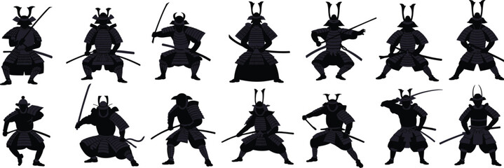 Vector silhouettes of samurai warriors in different poses, traditional Japanese samurai armor, sword fighting, martial arts, battle, strength, action, silhouettes collection for illustration