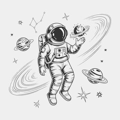 A black and white drawing of a man in a spacesuit floating in space