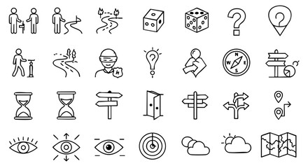Fototapeta premium Uncertainty Outline Icons with Compass, Dice, Fog, and Crossroads