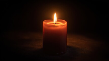 Single candle flickering on empty table symbolizing peaceful end of beautiful comforting thing, dark background emphasizing glow.