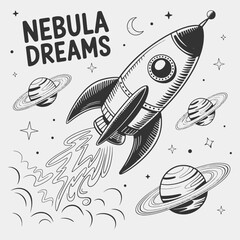 A black and white drawing of a rocket with surrounded by planets and stars