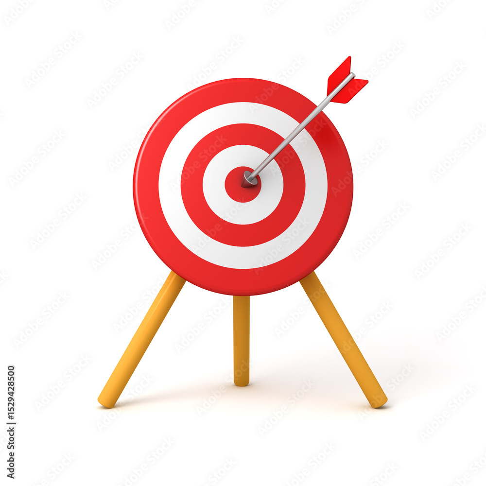 Poster Red metal arrow hitting to the center of goal target dartboard isolated on white background the business creative idea concepts 3D rendering