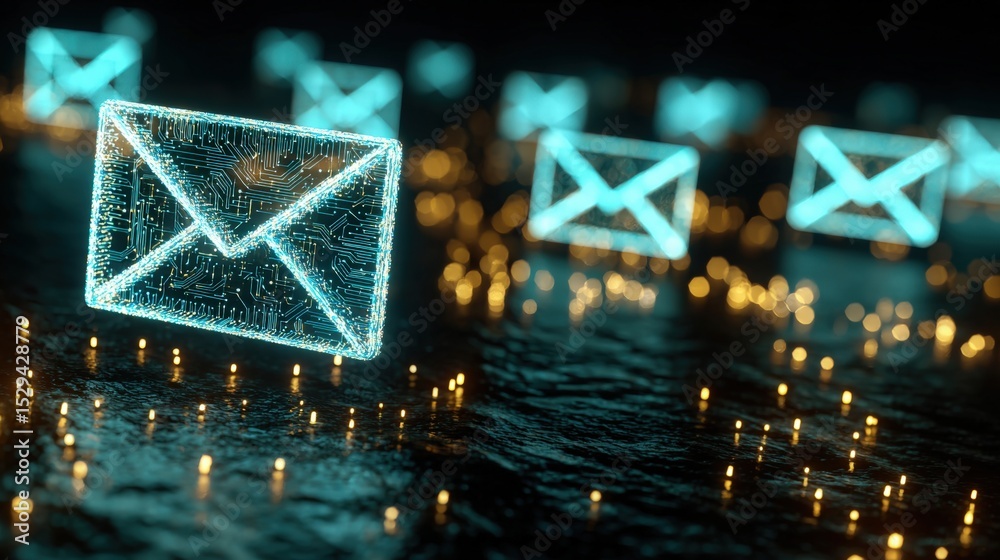 Poster digital glowing envelope icons representing email communication float over a dark, futuristic, circu