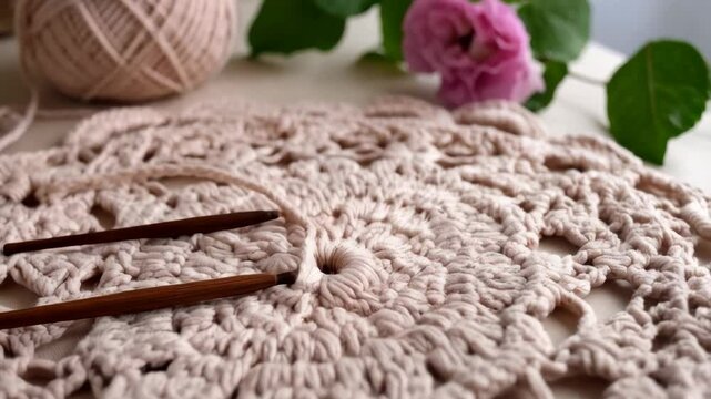 Close-up of beige crocheted doily with wooden crochet hooks and yarn ball on a light surface.