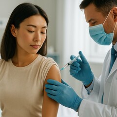Doctor giving vaccine injection to young woman. Close-up view of syringe, blue gloves, and calm patient. Concept of immunization, virus protection, and healthcare. Bright indoor setting. Banner