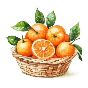 watercolor of Clementine Fruit Basket, vector high quality, isolated on a white background.