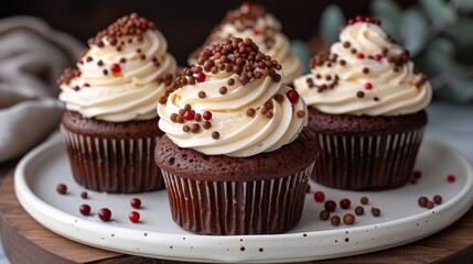 A tempting arrangement of chocolate cupcakes topped with rich, creamy frosting, each decorated with colorful sprinkles, perfect for dessert lovers.
