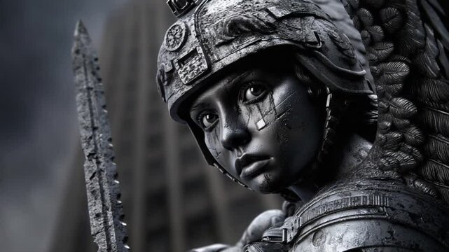 A powerful religious figure stands boldly in an urban location, representing strength and resilience