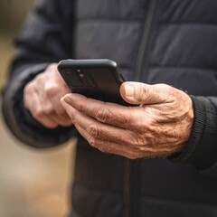 Primer plano manos de persona mayor senior aprendiendo y utilizando un teléfono móvil. Tecnología, aprendizaje, adulto, vejez