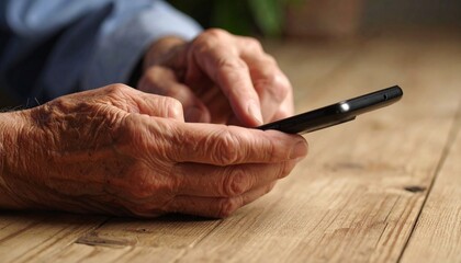 Primer plano manos de persona mayor senior aprendiendo y utilizando un teléfono móvil. Tecnología, aprendizaje, adulto, vejez