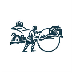 Afghan Boy Playing Baqqash Silhouette Illustration Baqqash Afghanistan Player rolling a wooden hoop with a hooked stick