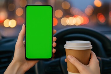 Person holding smartphone with green screen and coffee cup inside car. Mockup for app, navigation or mobile ads. Modern lifestyle, driving, technology and coffee break concept. Copy space. Banner