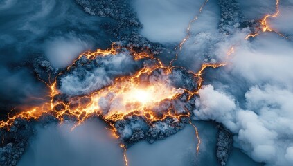 Aerial view of erupting volcano, lava flows, and volcanic smoke