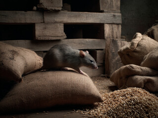Fototapeta premium Rat eating grain in a warehouse.