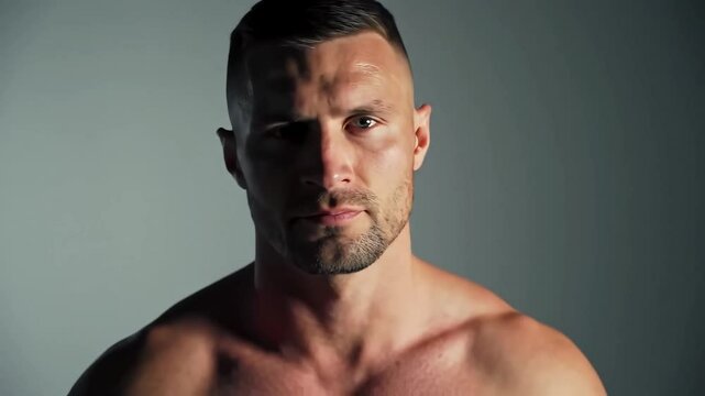 Rugged Slavic Man with Intense Grey Eyes & Military Haircut - Dramatic Studio Portrait + Eastern European Concept