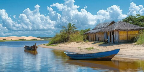 Parque das Dunas is an island in the Canary Islands- Brazil. Huts in the Parnaiba delta and the American delta. Lush nature and sand dunes. Boats on the river bank