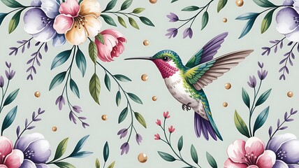 A vibrant hummingbird hovers amidst a profusion of delicately painted flowers and leaves, creating a serene and beautiful floral scene.