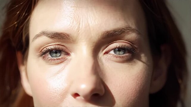 Elegant French Woman with Light Blue Eyes & Smooth Fair Skin, Soft Neutral Makeup in Natural Diagonal Light &ndash; Ultra HD 32K Detail + Concept