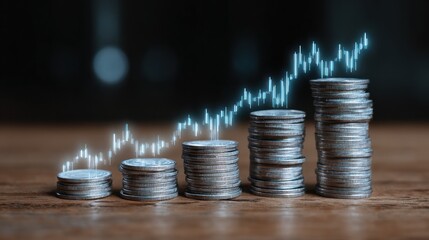 Coin stacks with a rising graph showcasing financial growth