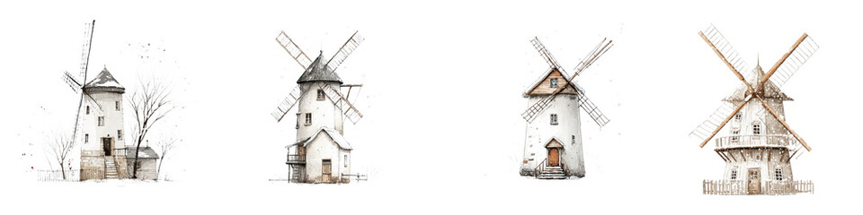 Charming Rustic Windmills in a Snowy Countryside Landscape