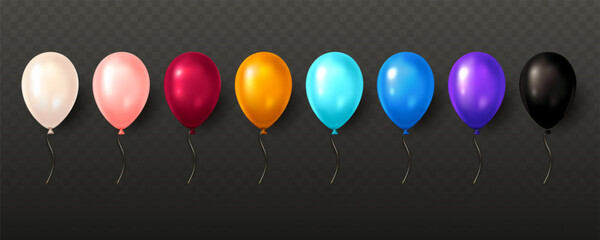 Set of eight colorful glossy balloons with strings, realistic graphic style, placed on transparent dark background. Party celebration concept. Vector illustration