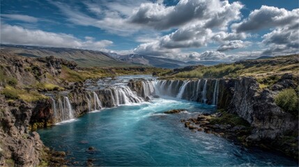 Obraz premium Icelandic Waterfall Paradise: Majestic Cascades and Serene Blue Waters