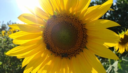 Fototapeta premium 夏の陽射しを浴びて咲き誇るひまわり畑、蜜を集めるミツバチが飛び交う鮮明なクローズアップ