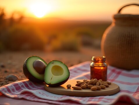 Picnic with Avocado and Almonds in Desert Landscape at Sunset