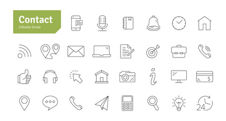 Contact Line Icons Set. Camera, Massage, Email, Location, Home, Address, Headphone, Mobile, Laptop, Monitor Icons Editable Stroke Vector Illustration