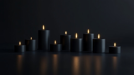 Elegant group of burning black candles on a dark reflective surface with warm light