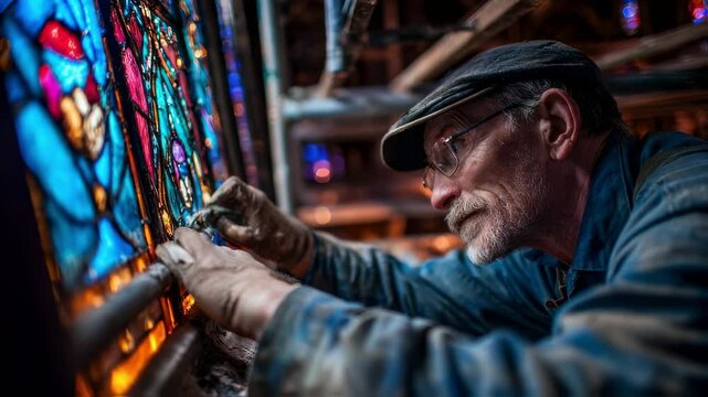 Concept photo of skilled craftsmen carefully installing a large stained glass window back into place within a church, carefully securing it and admiring the finished work.