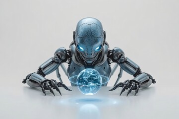 Alien, Extraterrestrial, Droid, Robot, Cybernetic, Futuristic, Mask, Glowing eyes, Hologram, Holographic globe, Blue-black, Fiberglass, Power cables, Technology, Sci-fi, Modern, Upper body, Chin on ta