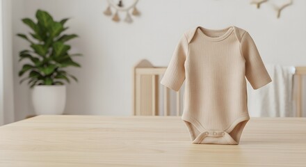 Beige baby bodysuit on wooden table in nursery setting
